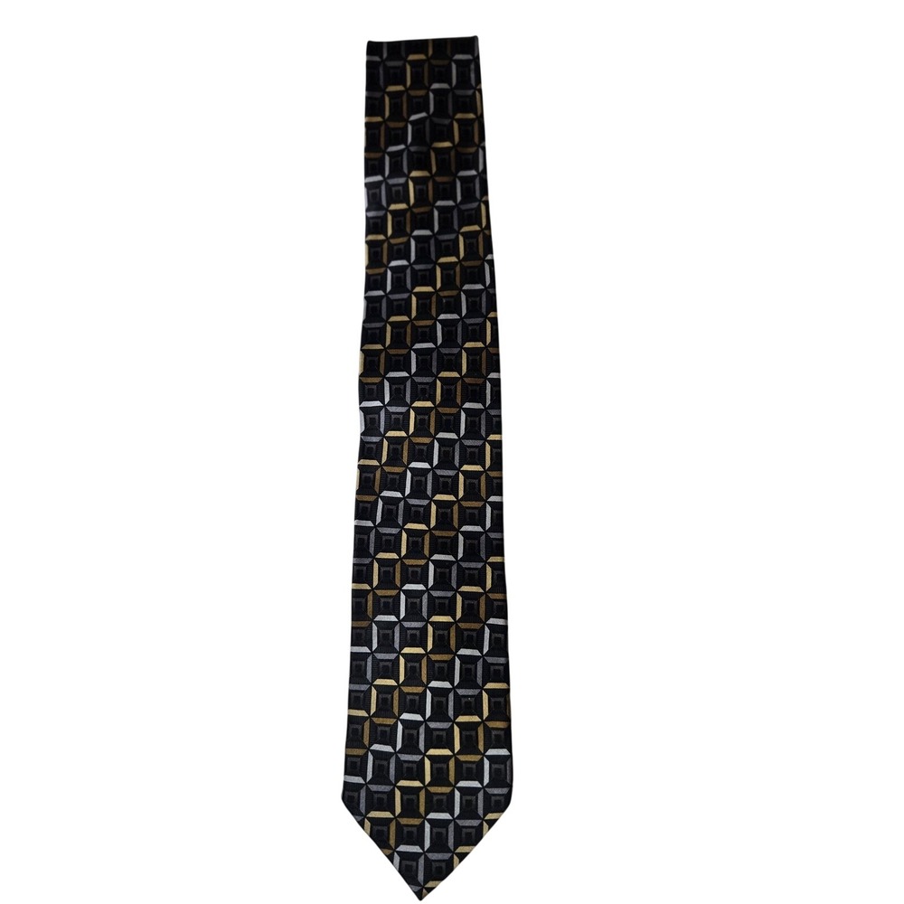 Croft & Barrow Geometric Pattern Silk Neck Tie Black Gold Silver